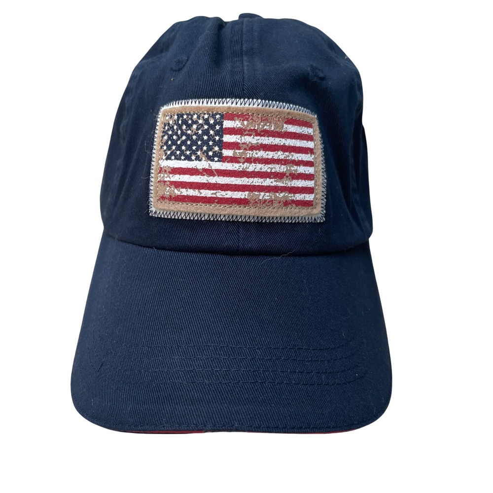 Cabelas Mens Navy Blue American Flag Patch Baseball Cap Hat Adjustable OSFM